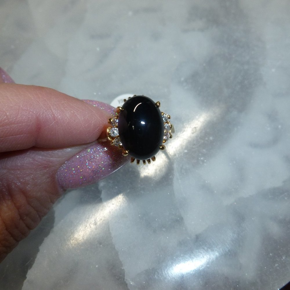 18k Yellow Gold EP Onyx Cubic Zirconia Dolphin Ore Ring